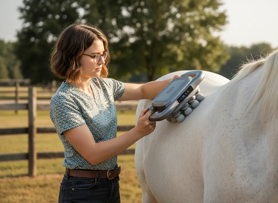 Woman uses a gray handheld massager on a white horse's back outdoors.