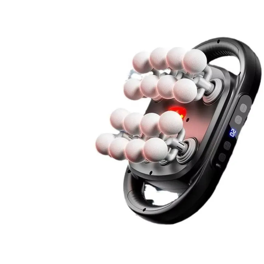 Black and gray electronic device with white spherical components on a white background